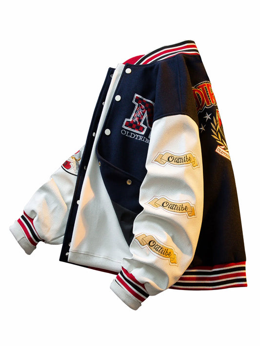 MUSONMU American Sle Embroidered Baseball Jaet Men's Loose Woolen Outerwear Casual Leather Coat for Autumn And Winter