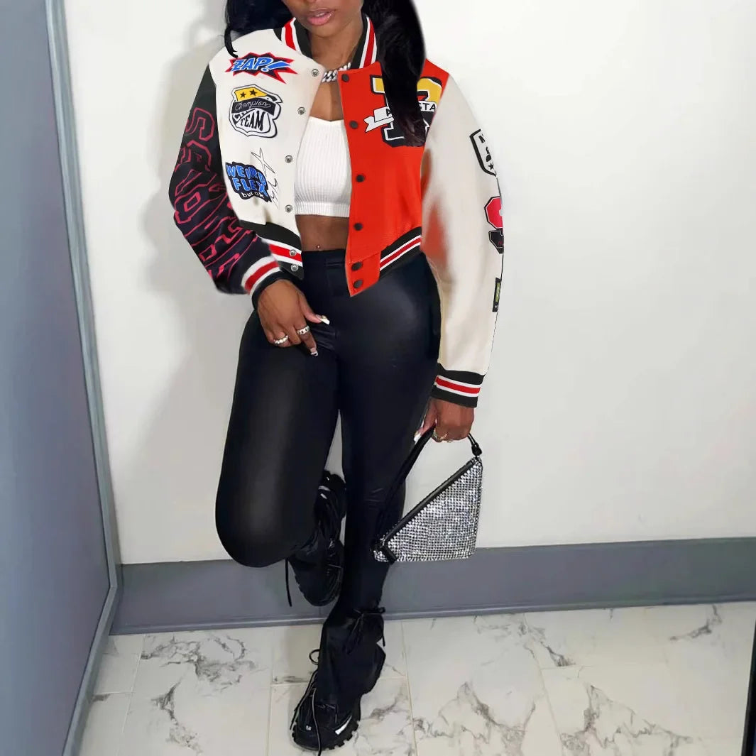 HZ8123 Women's Baseball Jacket Patchwork Embroidery Autumn Winter New American College Style Jacket Trendy Outerwear