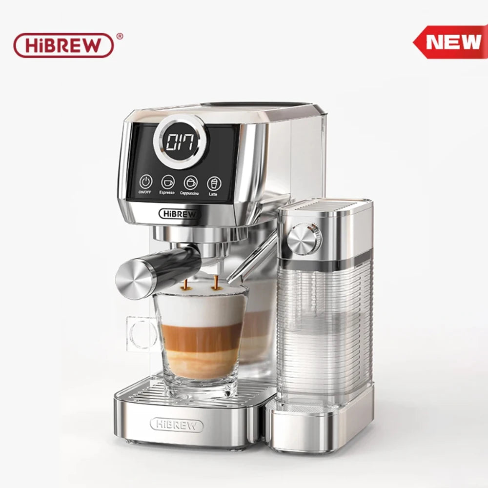HiBREW 3-in-1 Halbautomatische Espressomaschine (Cappuccino, Latte Macchiato), Milchaufschäumer, Kaffeepulver, Edelstahl, H13A