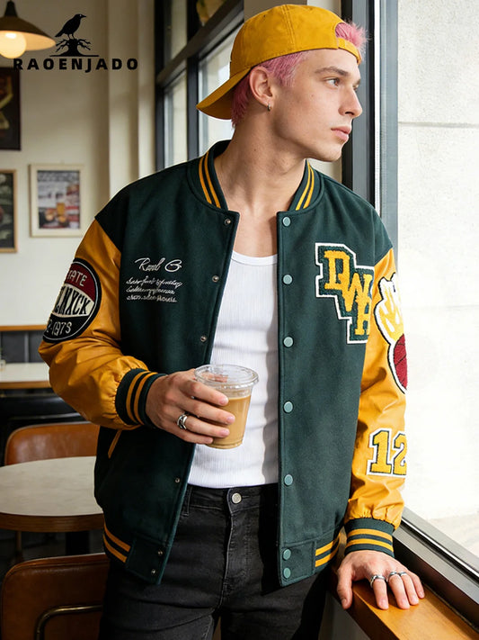 Men's Bomber Jacket Faux Leather Sleeves Varsity Coat Vintage Letterman Baseball Uniform Spring & Autumn Motorcycle  Streetwear