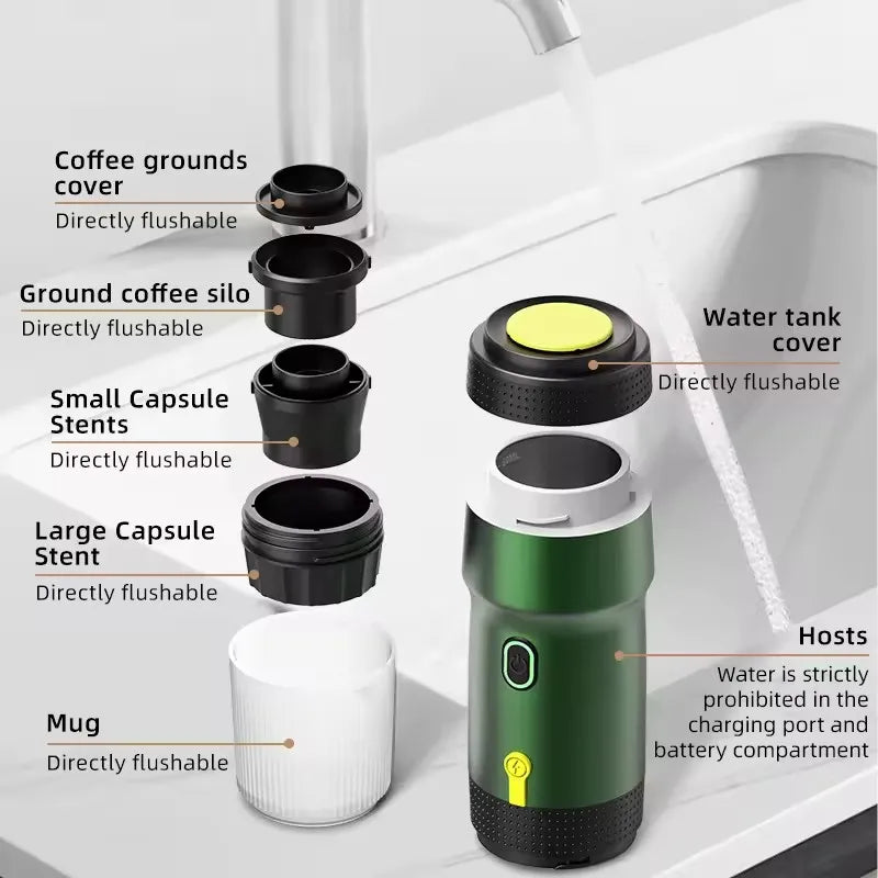 Electric Portable Coffee Machine Portable Italian Espresso Machine for Car & Home 3-in-1 Capsule Powder Travel Coffee Maker
