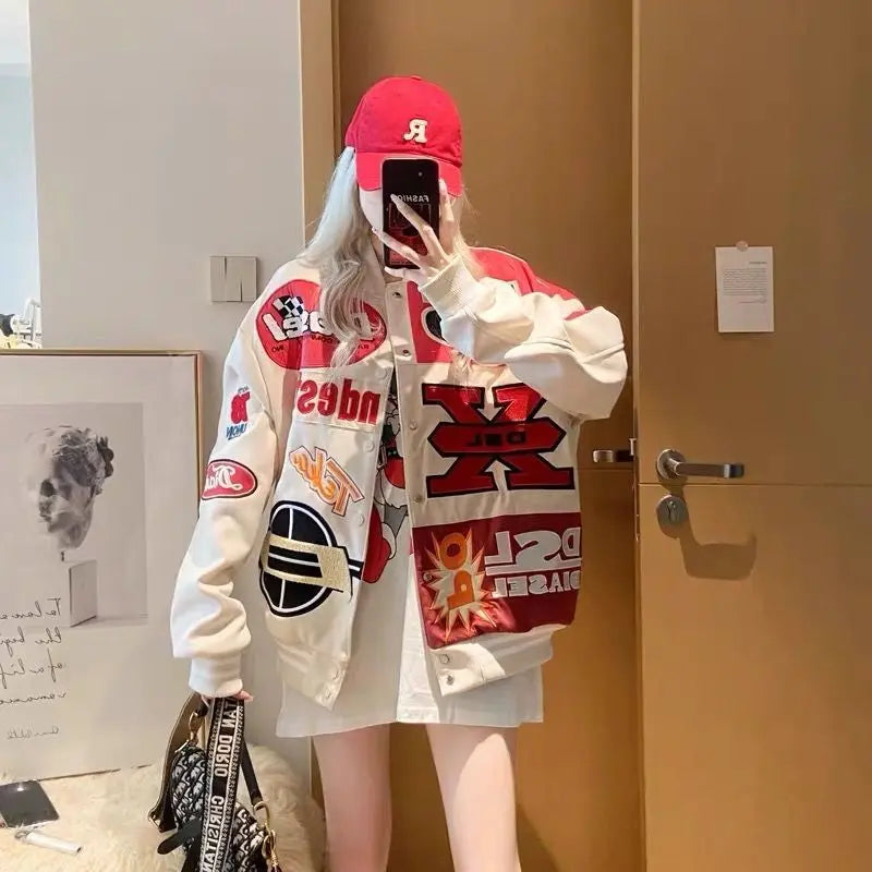 Hip-hop embroidery contrasting color stitching baseball uniform autumn and winter motorcycle loose heavy industry couple jacket