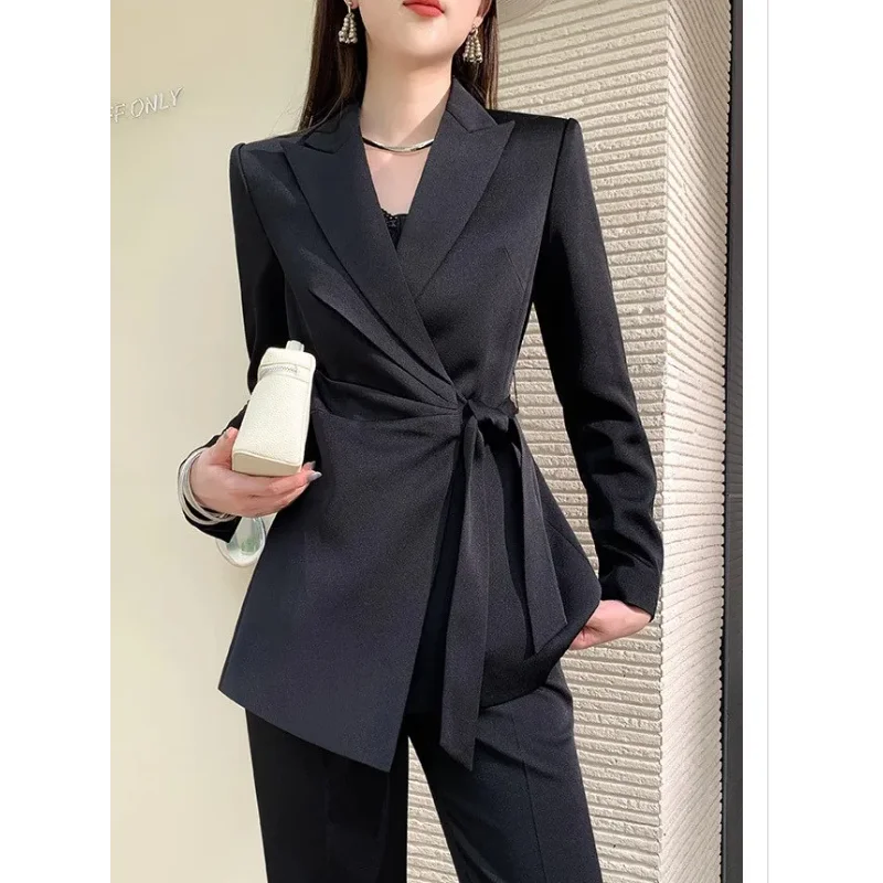 Women's New Patchwork Suit Collar Lace-up Fashionable Solid Color Long-sleeved Trousers Suit