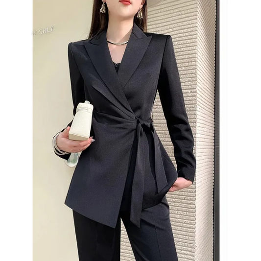Women's New Patchwork Suit Collar Lace-up Fashionable Solid Color Long-sleeved Trousers Suit