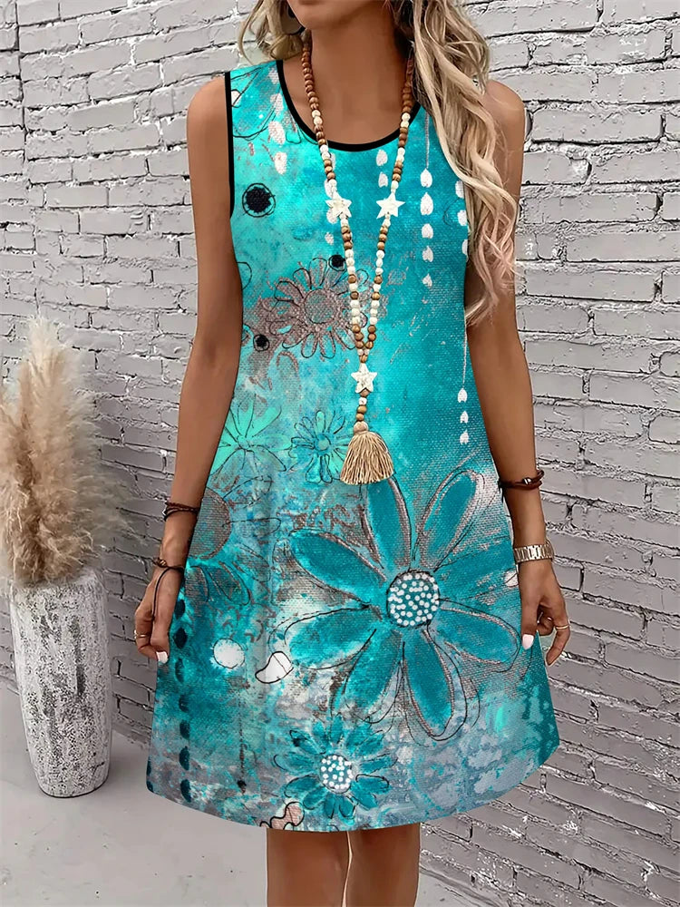 Summer New Women's Dresses Fashion Casual Sleeveless Dresses Floral Printed Round Neck Dresses Beach Vacation Women's Dresses