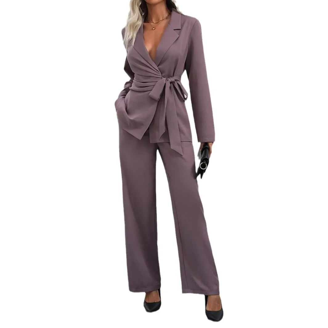 Pants Suit Women 2 Piece Set Coat Straight Trousers Ensemble Lace Up Turn Down Collar Blazer Autumn 2025 Office Lady Outfits