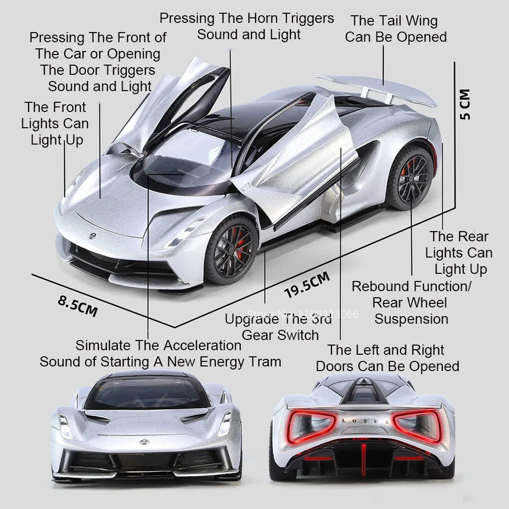 1/24 Lotus Evija Alloy Model Cars Toys Simulation Doors Opened Sports Car with Light and Sound Vehicle for Children Boys Gifts