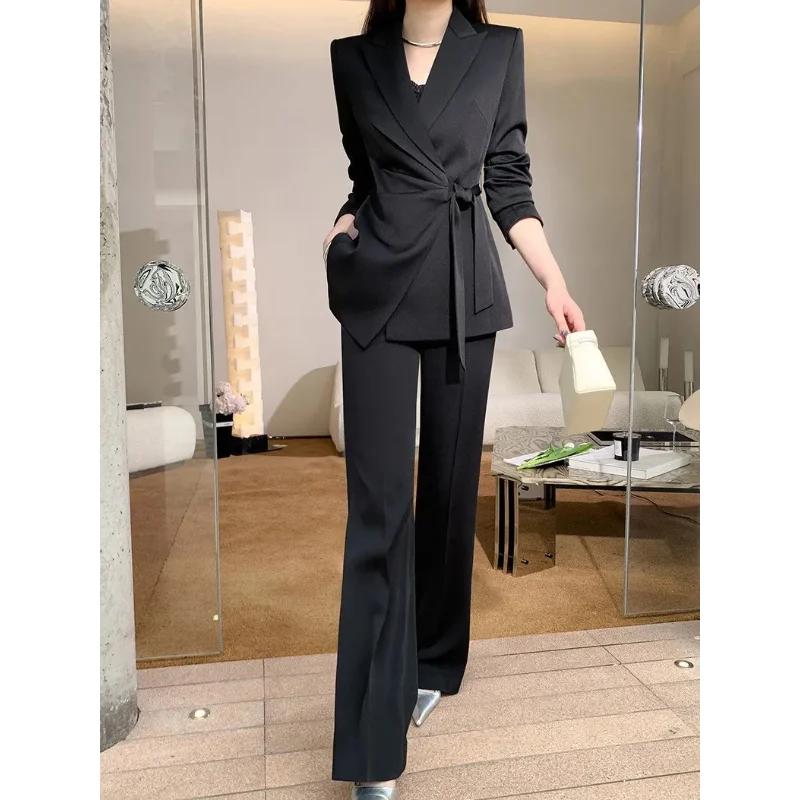 Women's New Patchwork Suit Collar Lace-up Fashionable Solid Color Long-sleeved Trousers Suit